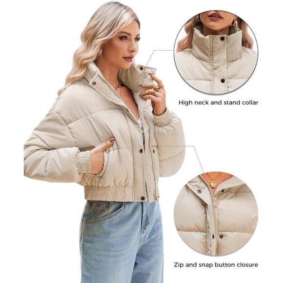 Women’s Crop Jacket Puffer Jacket Long Sleeve Stand Collar Zipper Coat Apricot - Picture 2 of 5